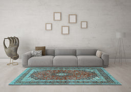 Machine Washable Medallion Light Blue Traditional Rug in a Living Room, wshtr2874lblu