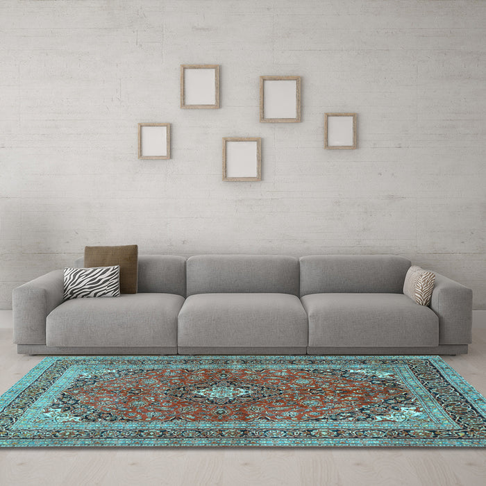 Machine Washable Medallion Light Blue Traditional Rug in a Living Room, wshtr2874lblu