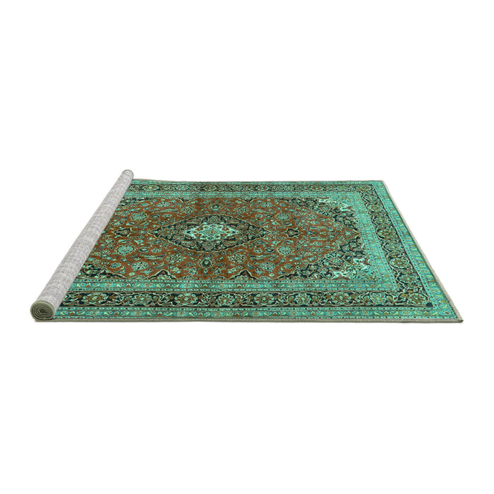Sideview of Machine Washable Medallion Turquoise Traditional Area Rugs, wshtr2874turq