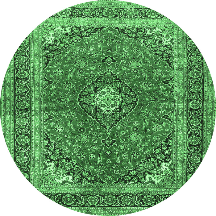 Round Machine Washable Medallion Emerald Green Traditional Area Rugs, wshtr2874emgrn