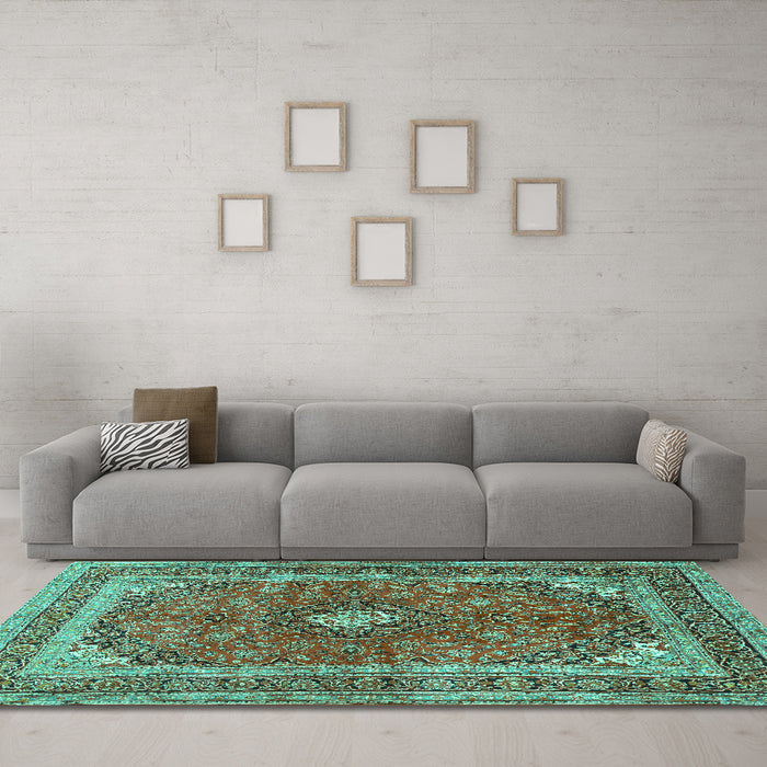 Machine Washable Medallion Turquoise Traditional Area Rugs in a Living Room,, wshtr2874turq