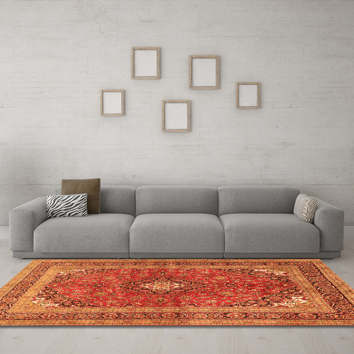 Machine Washable Medallion Orange Traditional Area Rugs in a Living Room, wshtr2874org