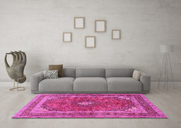 Machine Washable Medallion Pink Traditional Rug in a Living Room, wshtr2874pnk