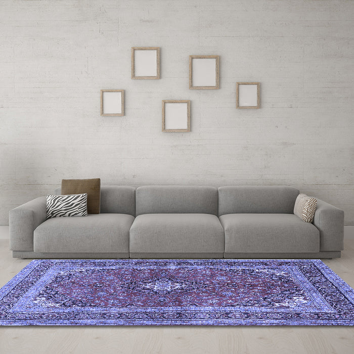 Machine Washable Medallion Blue Traditional Rug in a Living Room, wshtr2874blu