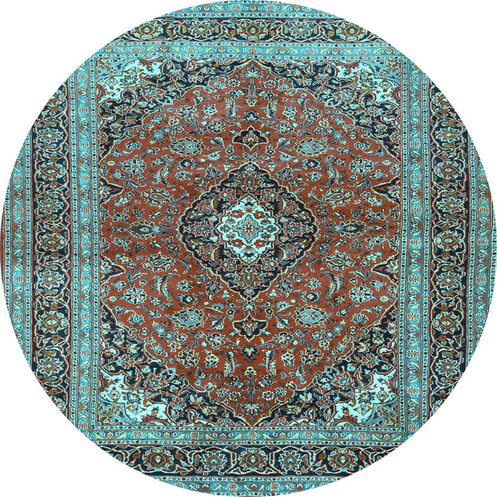 Round Machine Washable Medallion Light Blue Traditional Rug, wshtr2874lblu