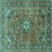 Square Machine Washable Medallion Turquoise Traditional Area Rugs, wshtr2875turq