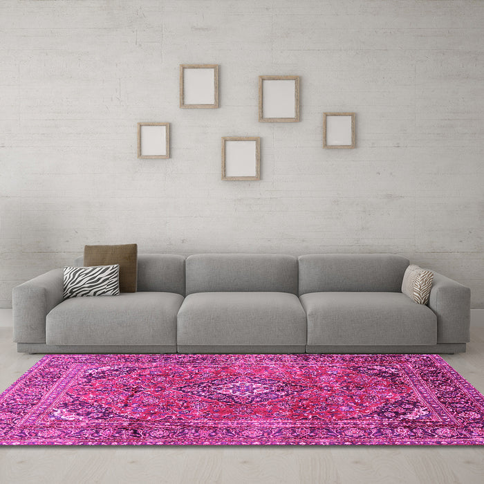 Machine Washable Medallion Pink Traditional Rug in a Living Room, wshtr2875pnk