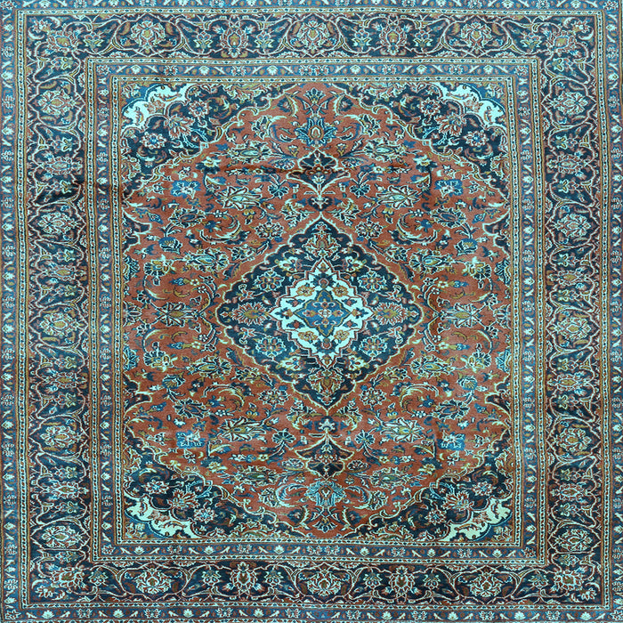 Square Machine Washable Medallion Light Blue Traditional Rug, wshtr2875lblu