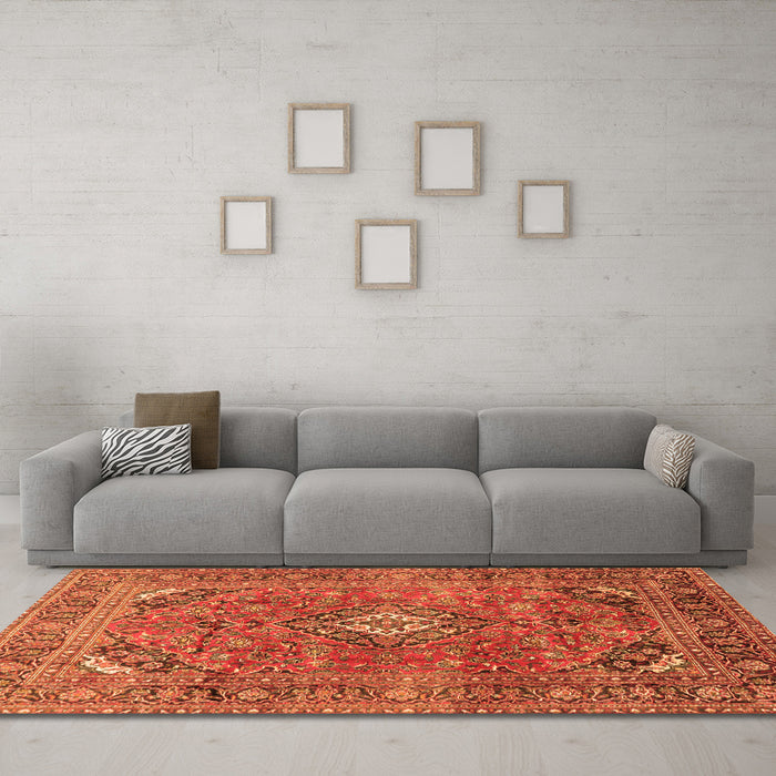 Machine Washable Medallion Orange Traditional Area Rugs in a Living Room, wshtr2875org