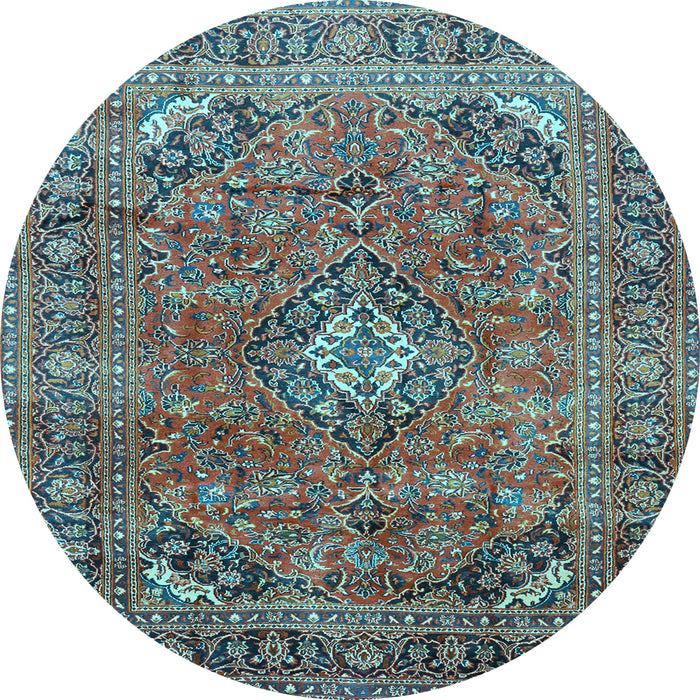 Round Machine Washable Medallion Light Blue Traditional Rug, wshtr2875lblu