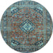 Round Machine Washable Medallion Light Blue Traditional Rug, wshtr2875lblu