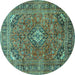 Round Machine Washable Medallion Turquoise Traditional Area Rugs, wshtr2875turq