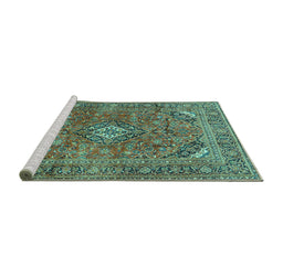 Sideview of Machine Washable Medallion Turquoise Traditional Area Rugs, wshtr2875turq