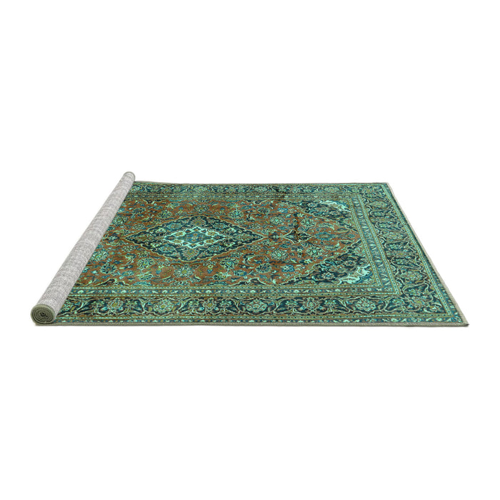 Sideview of Machine Washable Medallion Turquoise Traditional Area Rugs, wshtr2875turq