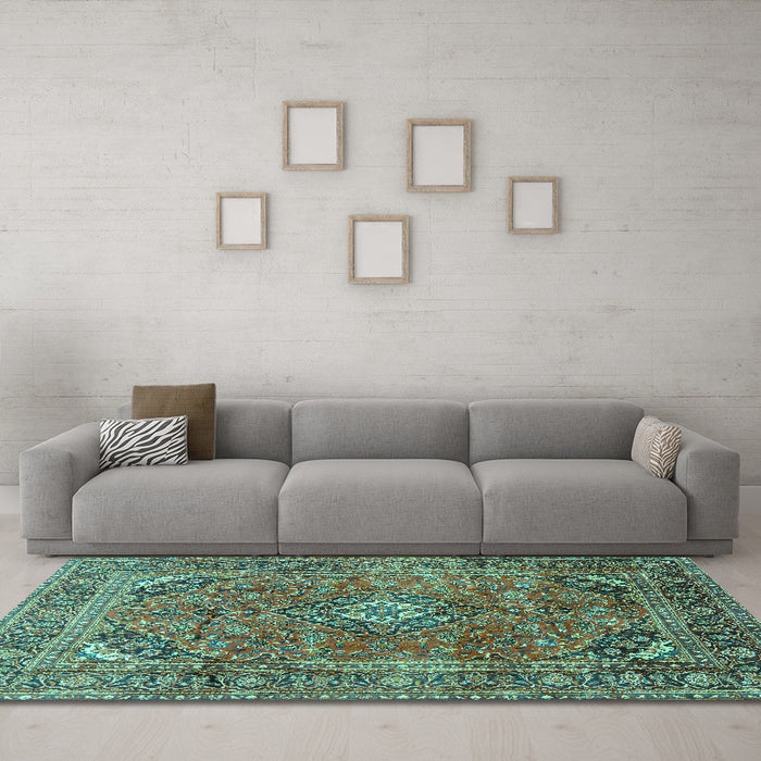 Machine Washable Medallion Turquoise Traditional Area Rugs in a Living Room,, wshtr2875turq