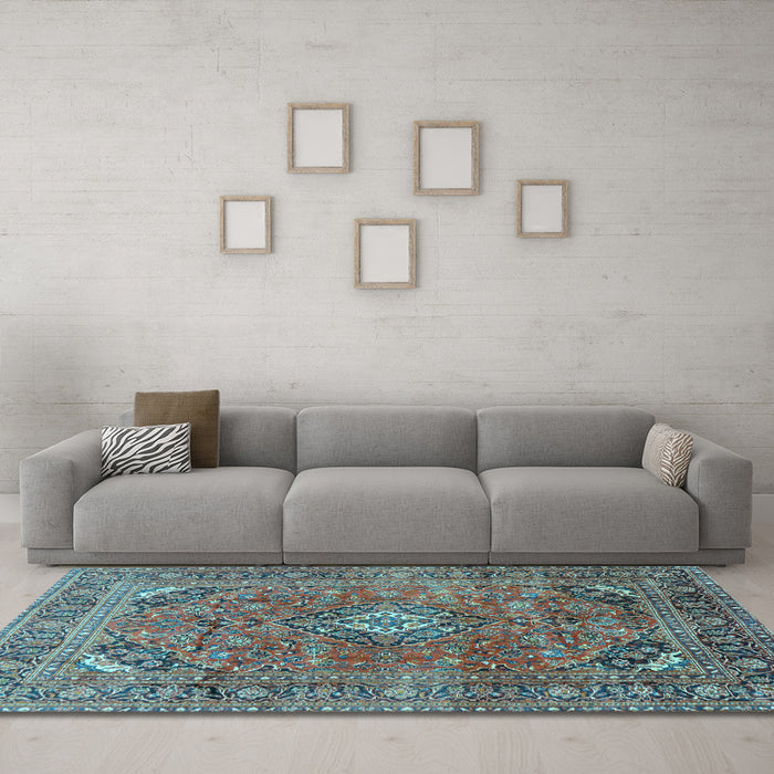 Machine Washable Medallion Light Blue Traditional Rug in a Living Room, wshtr2875lblu