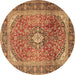 Round Machine Washable Medallion Brown Traditional Rug, wshtr2876brn