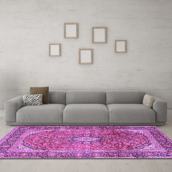 Machine Washable Medallion Purple Traditional Area Rugs in a Living Room, wshtr2876pur