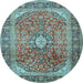 Round Machine Washable Medallion Light Blue Traditional Rug, wshtr2876lblu