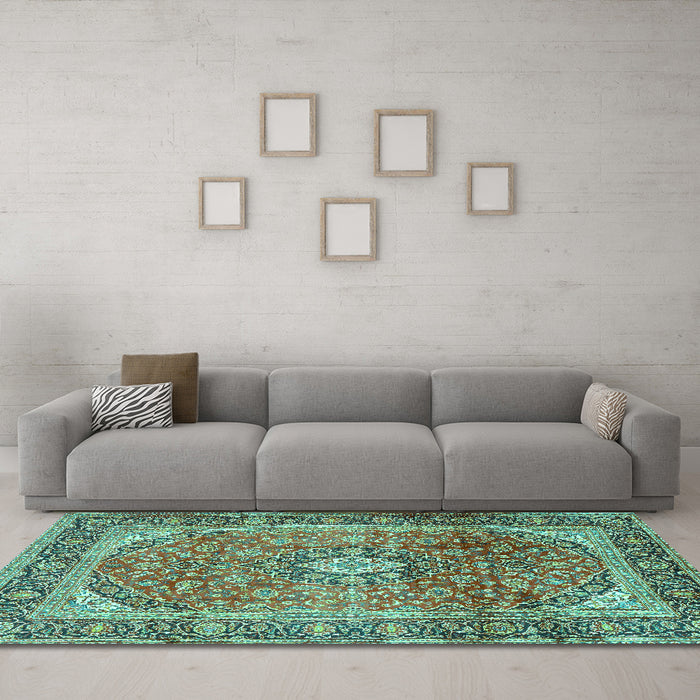Machine Washable Medallion Turquoise Traditional Area Rugs in a Living Room,, wshtr2876turq