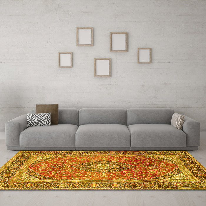 Machine Washable Medallion Yellow Traditional Rug in a Living Room, wshtr2876yw