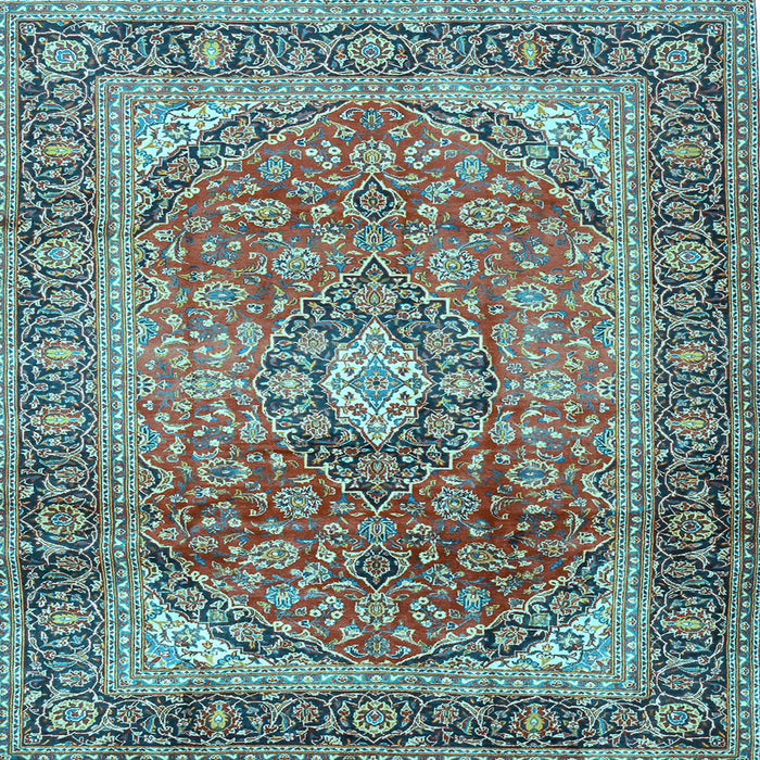 Square Machine Washable Medallion Light Blue Traditional Rug, wshtr2876lblu