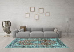 Machine Washable Medallion Light Blue Traditional Rug in a Living Room, wshtr2876lblu