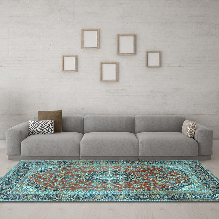 Machine Washable Medallion Light Blue Traditional Rug in a Living Room, wshtr2876lblu