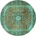 Round Machine Washable Medallion Turquoise Traditional Area Rugs, wshtr2876turq