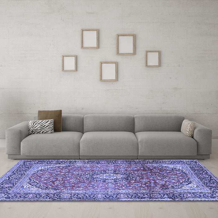 Machine Washable Medallion Blue Traditional Rug in a Living Room, wshtr2876blu