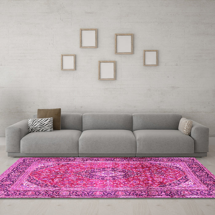 Machine Washable Medallion Pink Traditional Rug in a Living Room, wshtr2876pnk