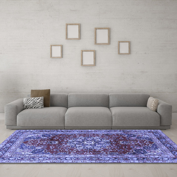 Machine Washable Persian Blue Traditional Rug in a Living Room, wshtr2877blu