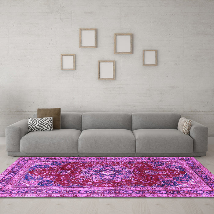 Machine Washable Persian Purple Traditional Area Rugs in a Living Room, wshtr2877pur