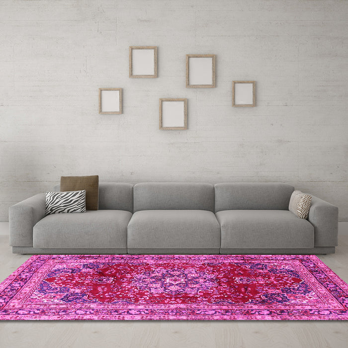 Machine Washable Persian Pink Traditional Rug in a Living Room, wshtr2877pnk