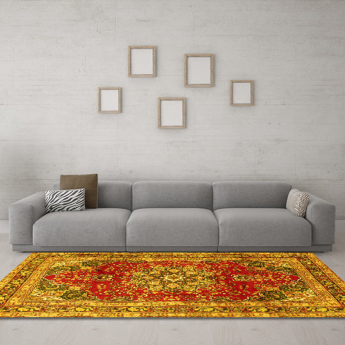 Machine Washable Persian Yellow Traditional Rug in a Living Room, wshtr2877yw