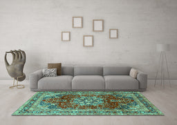 Machine Washable Persian Turquoise Traditional Area Rugs in a Living Room,, wshtr2877turq