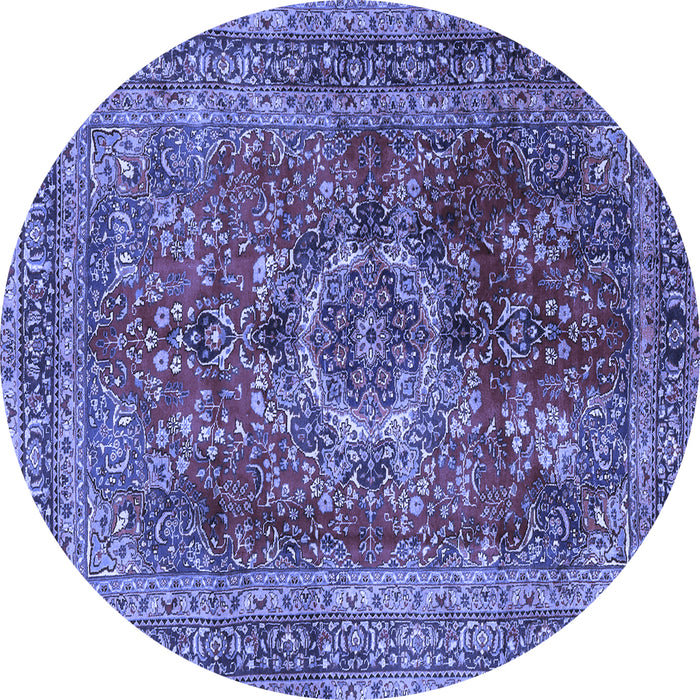 Round Machine Washable Medallion Blue Traditional Rug, wshtr2878blu