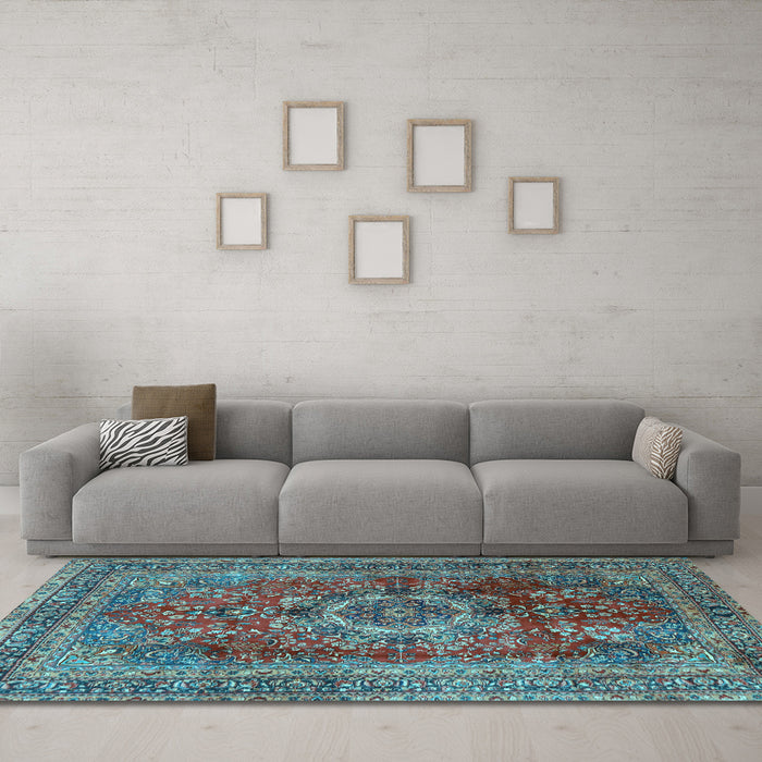 Machine Washable Medallion Light Blue Traditional Rug in a Living Room, wshtr2878lblu