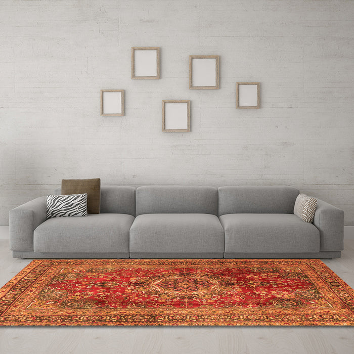 Machine Washable Medallion Orange Traditional Area Rugs in a Living Room, wshtr2878org