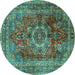 Round Machine Washable Medallion Turquoise Traditional Area Rugs, wshtr2878turq