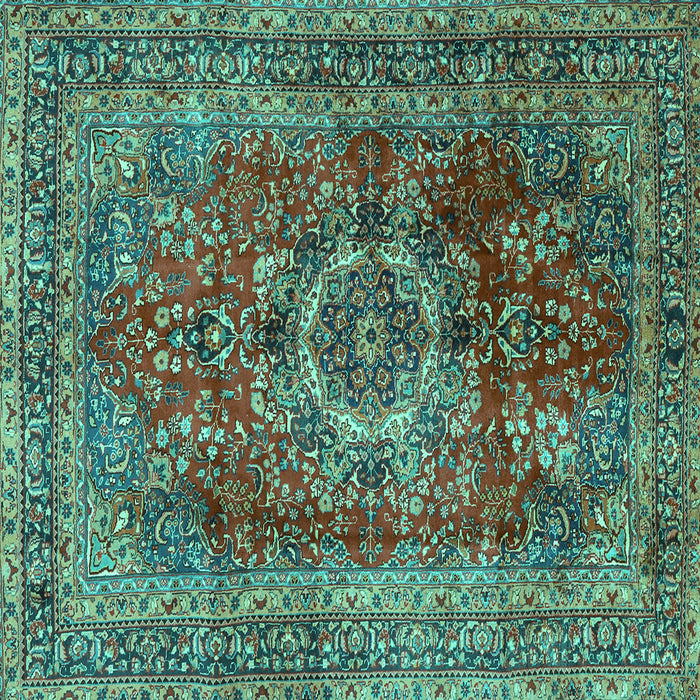 Square Machine Washable Medallion Turquoise Traditional Area Rugs, wshtr2878turq