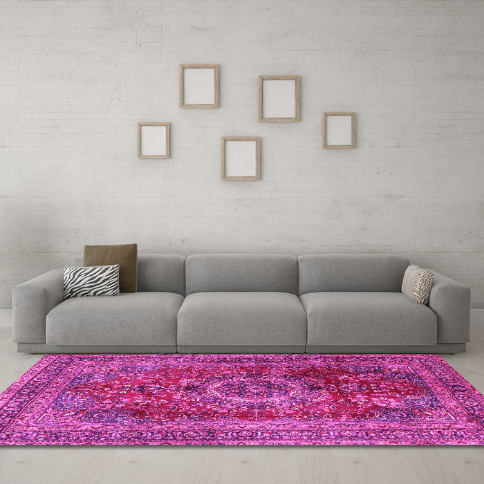 Machine Washable Medallion Pink Traditional Rug in a Living Room, wshtr2878pnk