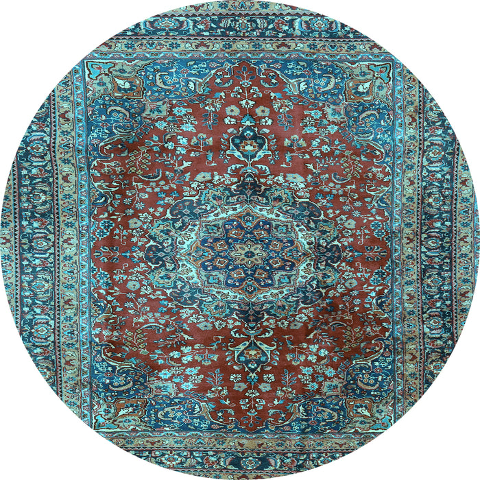 Round Machine Washable Medallion Light Blue Traditional Rug, wshtr2878lblu