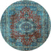 Round Machine Washable Medallion Light Blue Traditional Rug, wshtr2878lblu