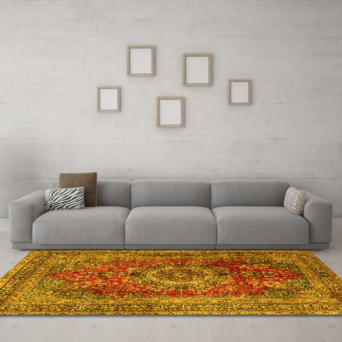 Machine Washable Medallion Yellow Traditional Rug in a Living Room, wshtr2878yw