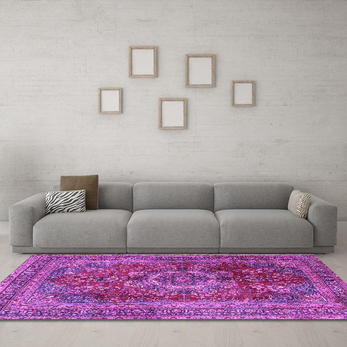 Machine Washable Medallion Purple Traditional Area Rugs in a Living Room, wshtr2878pur