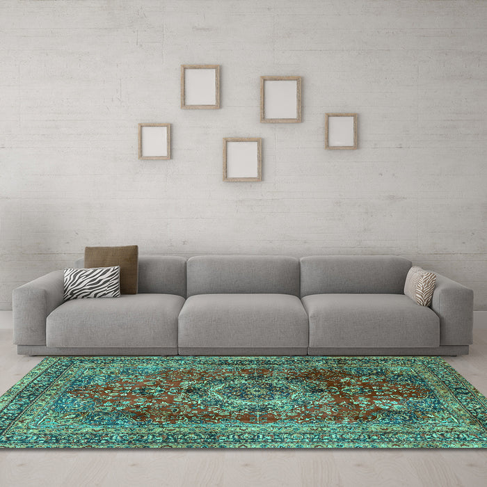 Machine Washable Medallion Turquoise Traditional Area Rugs in a Living Room,, wshtr2878turq