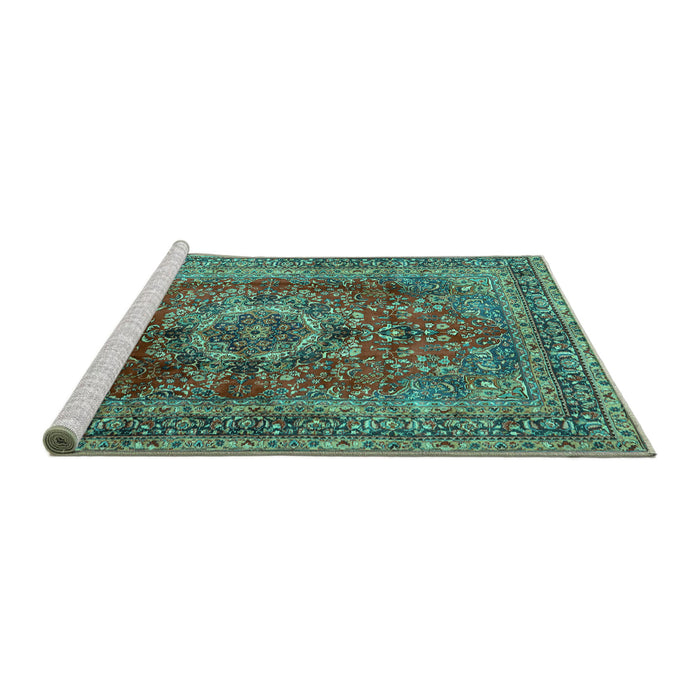 Sideview of Machine Washable Medallion Turquoise Traditional Area Rugs, wshtr2878turq