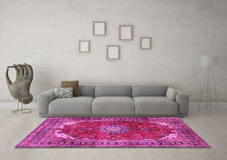 Machine Washable Medallion Pink Traditional Rug in a Living Room, wshtr2879pnk