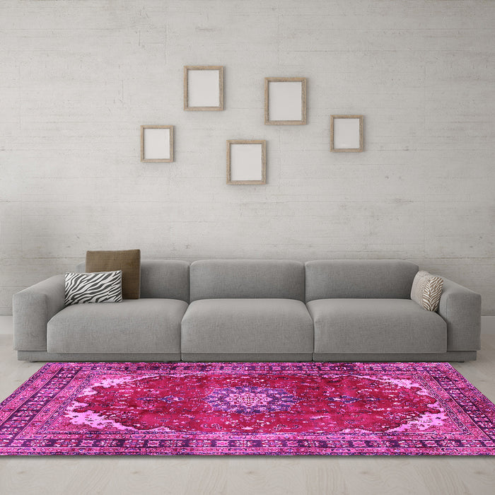 Machine Washable Medallion Pink Traditional Rug in a Living Room, wshtr2879pnk